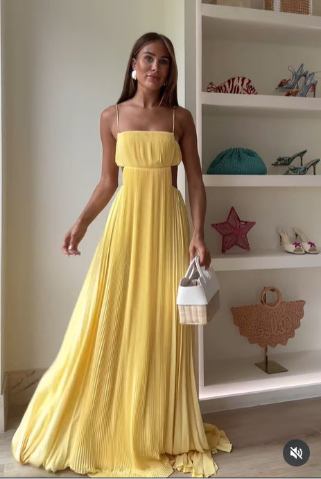 Butter Moment Pleated Cutout Waist A-line Slip Maxi Dress
