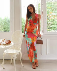 Clara'sHoliday V-Neck Floral PrintLace-Up Maxi Dress
